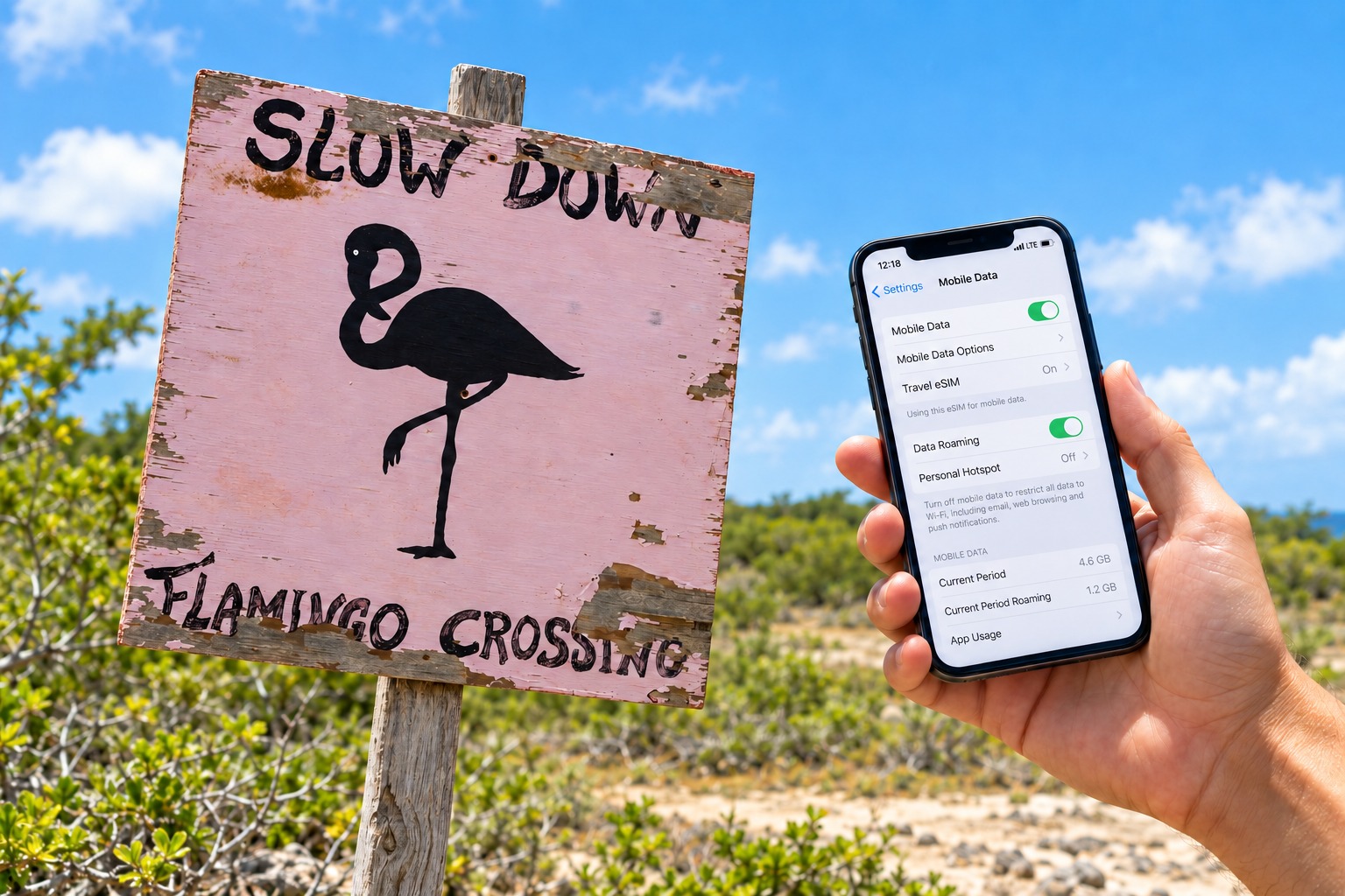 Phone with travel eSIM beside a Flamingo Crossing sign on Bonaire